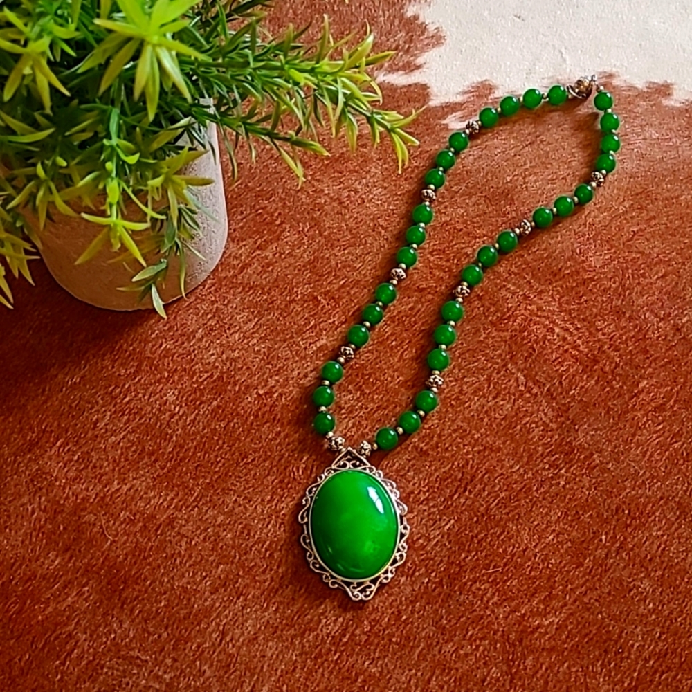 Green Agate Pendant on Homemade Beaded Necklace